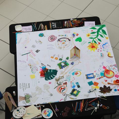The whole collage on a table, surrounded by paints and pens